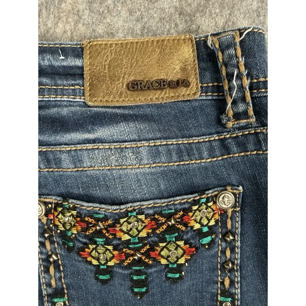 Grace In LA Jeans Women 27 Blue Denim Skinny Guitar Strap Southwest Native - Picture 11 of 11